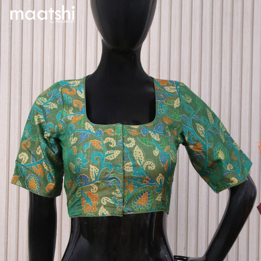 Raw silk readymade blouse green with allover floral prints and back knot