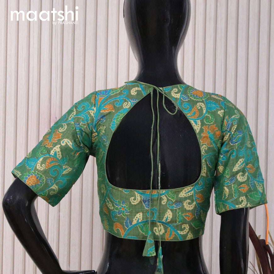 Raw silk readymade blouse green with allover floral prints and back knot