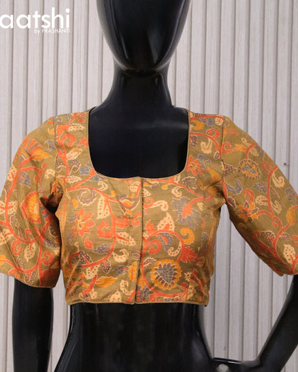 Raw silk readymade blouse dark mustard with allover floral prints and back knot
