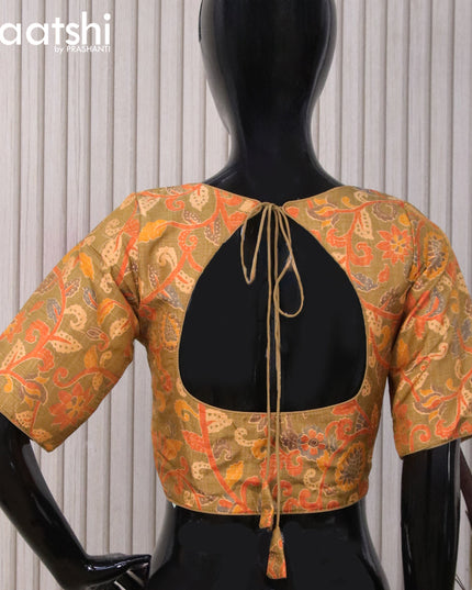 Raw silk readymade blouse dark mustard with allover floral prints and back knot