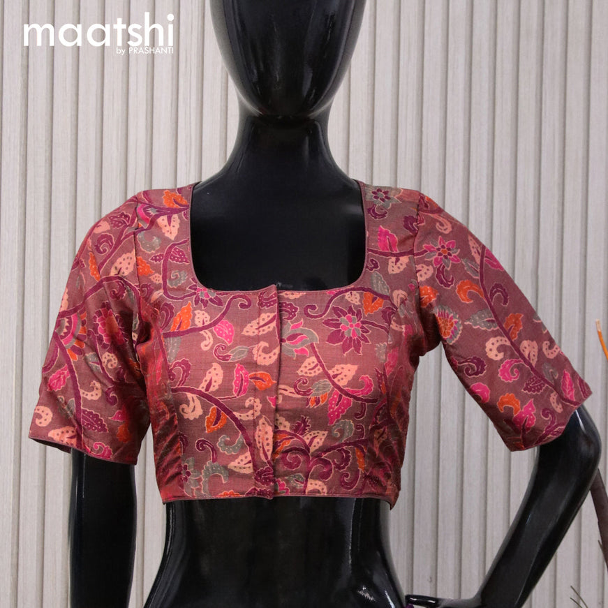 Raw silk readymade blouse rustic brown with allover floral prints and back knot