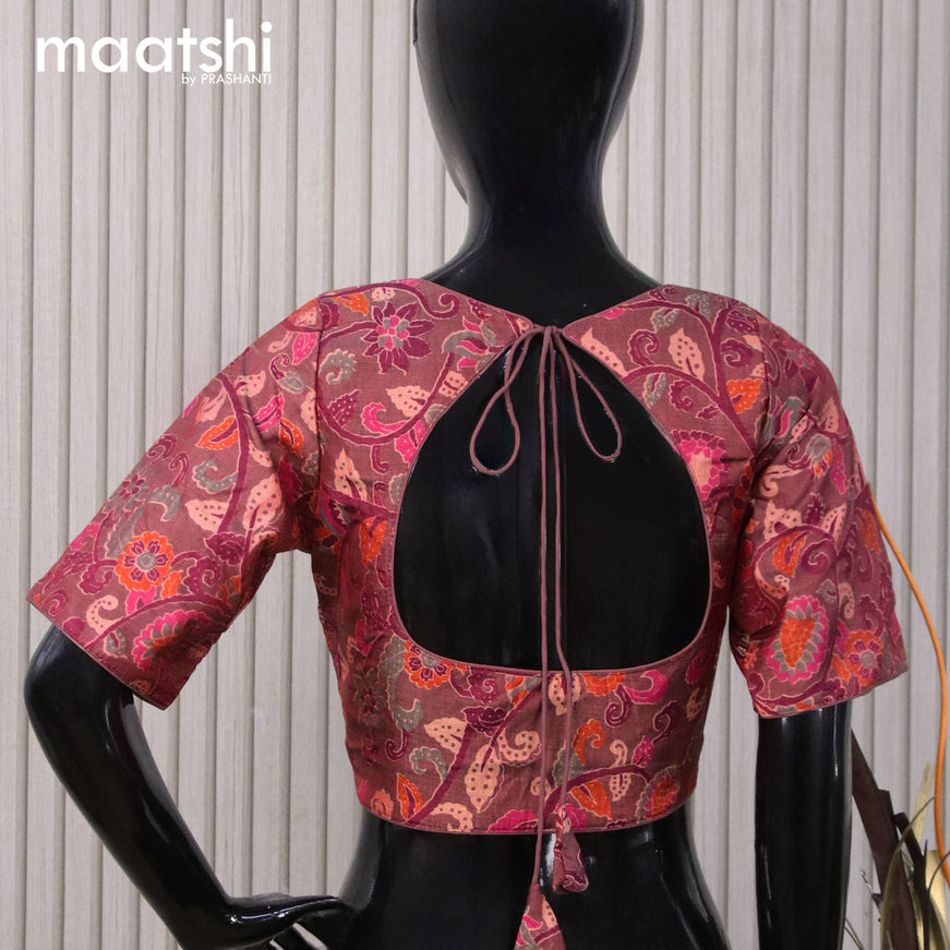Raw silk readymade blouse rustic brown with allover floral prints and back knot