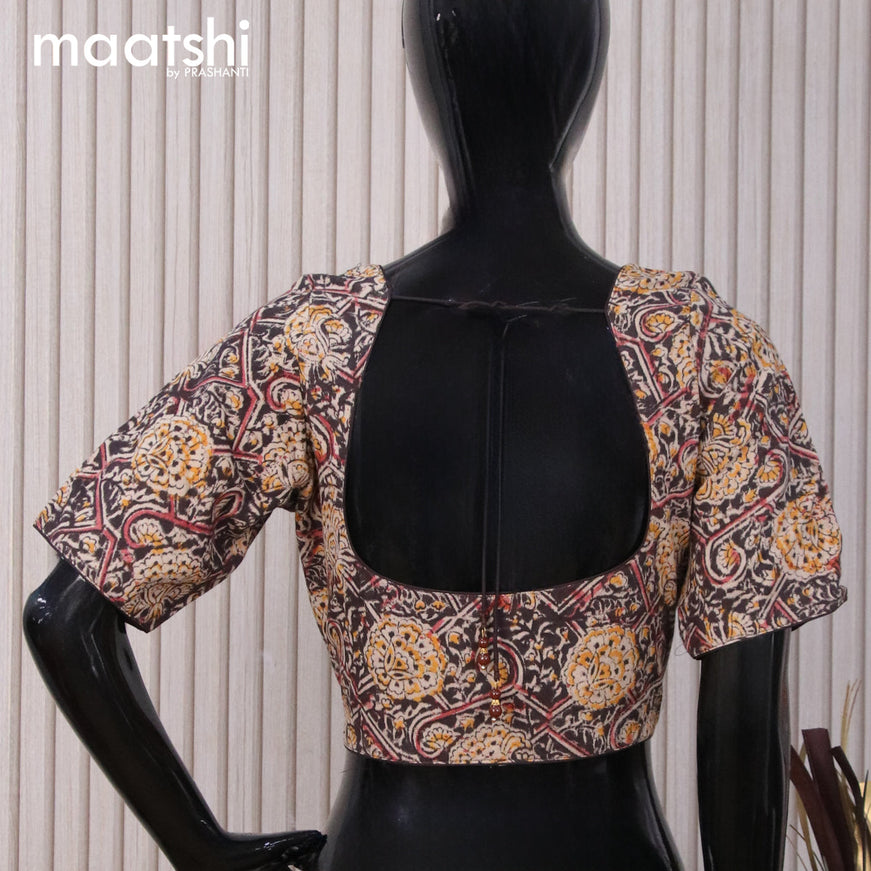Kalamkari cotton readymade blouse black and beige with allover prints and back knot