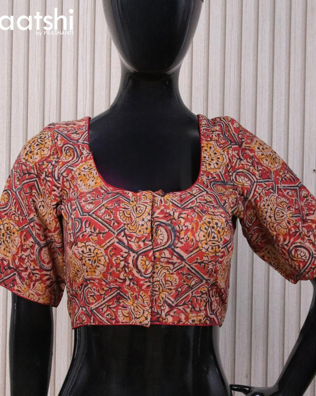 Kalamkari cotton readymade blouse maroon and beige with allover prints and back knot