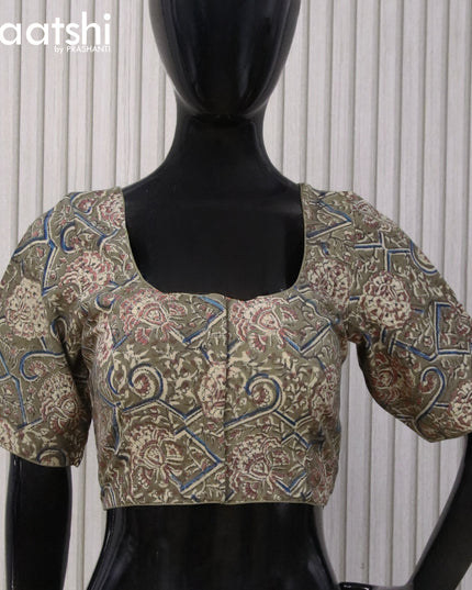Kalamkari cotton readymade blouse military green with allover prints and back knot