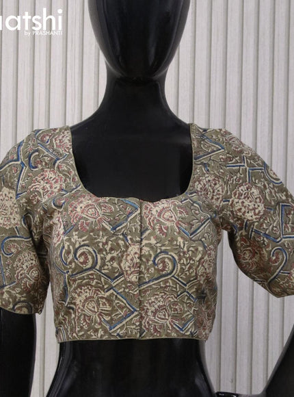 Kalamkari cotton readymade blouse military green with allover prints and back knot