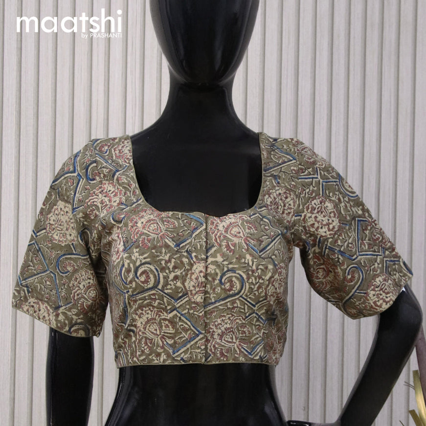 Kalamkari cotton readymade blouse military green with allover prints and back knot