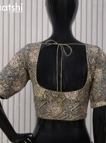 Kalamkari cotton readymade blouse military green with allover prints and back knot