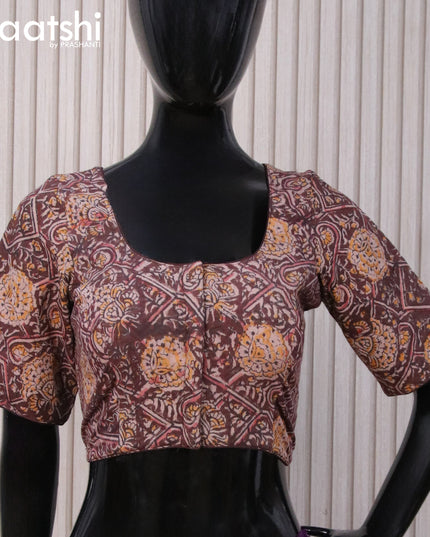 Kalamkari cotton readymade blouse coffee brown with allover prints and back knot