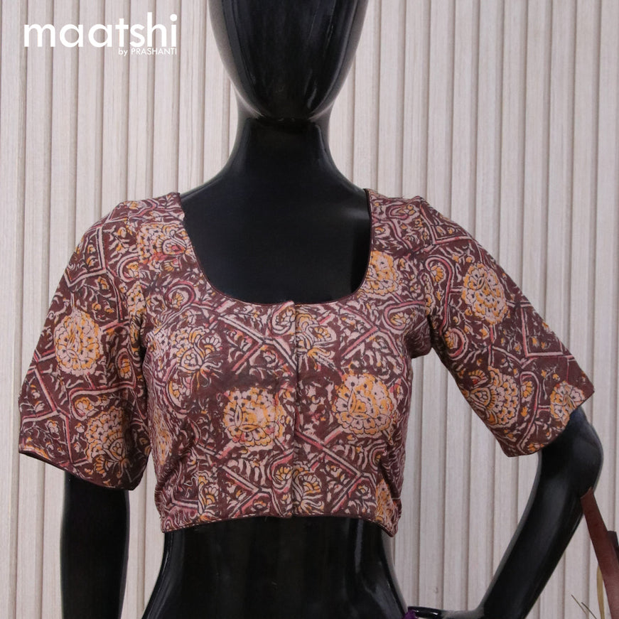 Kalamkari cotton readymade blouse coffee brown with allover prints and back knot
