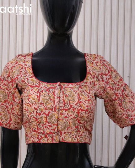 Kalamkari cotton readymade blouse red and beige with allover prints and back knot