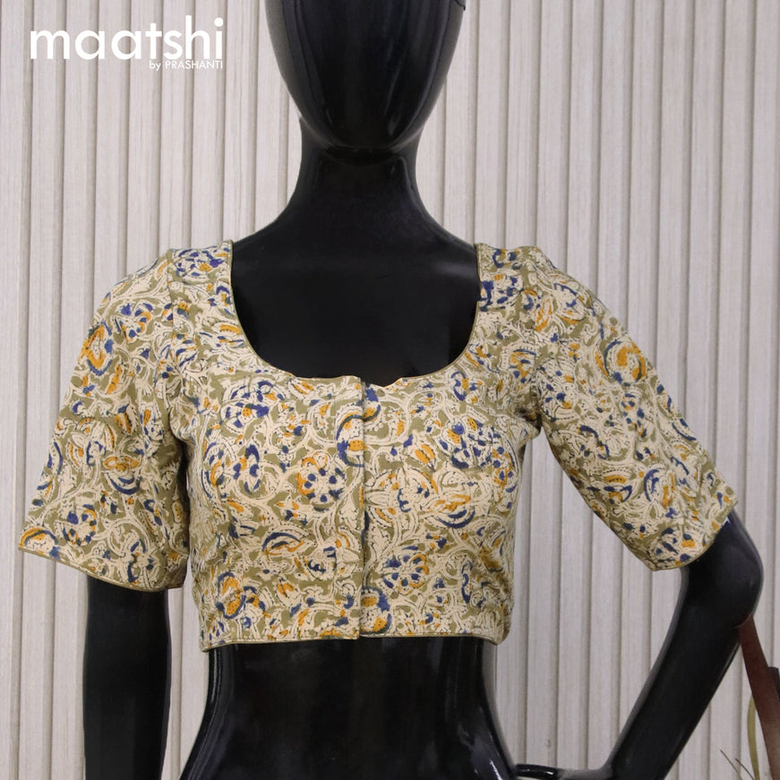 Kalamkari cotton readymade blouse beige and olive green with allover prints and back knot