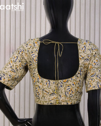 Kalamkari cotton readymade blouse beige and olive green with allover prints and back knot