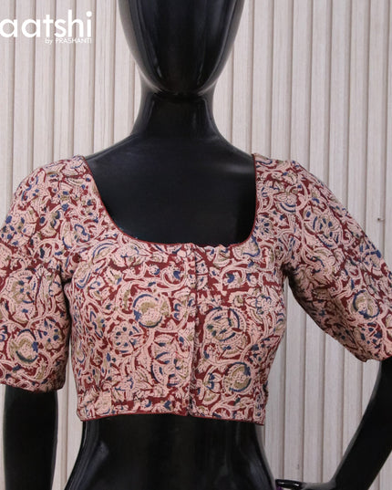 Kalamkari cotton readymade blouse beige and maroon with allover prints and back knot