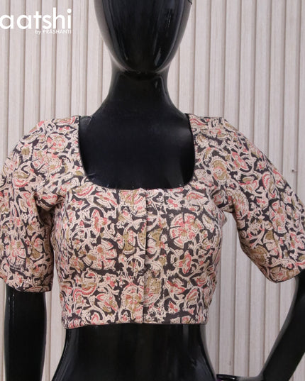 Kalamkari cotton readymade blouse beige and black with allover prints and back knot