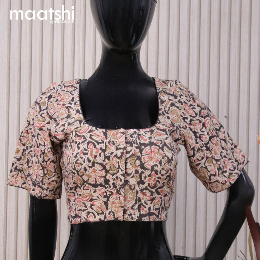Kalamkari cotton readymade blouse beige and black with allover prints and back knot