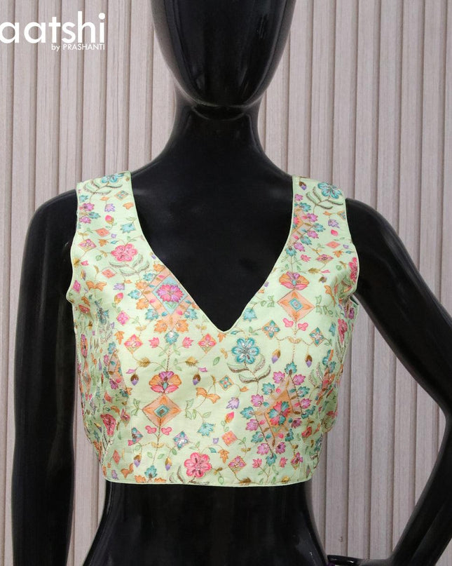 Raw silk readymade blouse pista green with embroidery work & V shape neck pattern and back open & sleeve attached