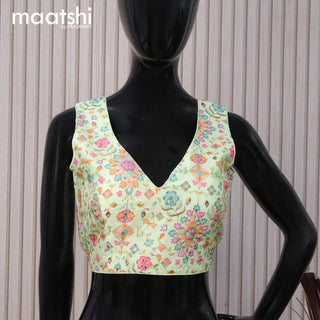 Raw silk readymade blouse pista green with embroidery work & V shape neck pattern and back open & sleeve attached