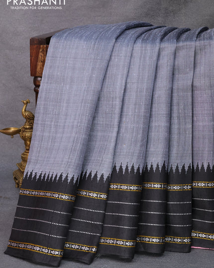 Pure dupion silk saree grey and black with plain body and temple design vidarbha border