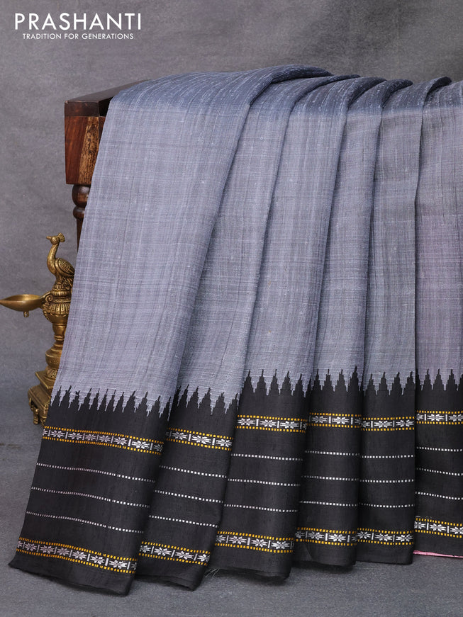 Pure dupion silk saree grey and black with plain body and temple design vidarbha border