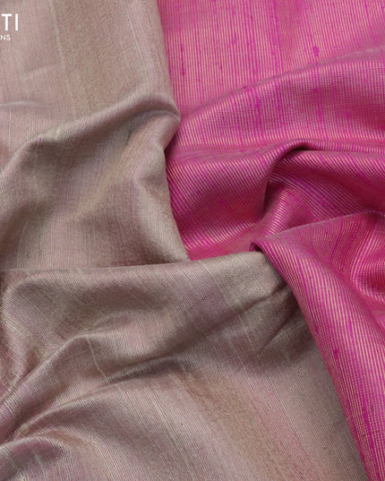 Pure dupion silk saree beige and pink with plain body and temple design zari woven border