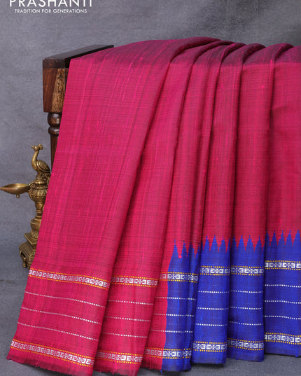 Pure dupion silk saree pink and blue with plain body and temple design vidarbha border