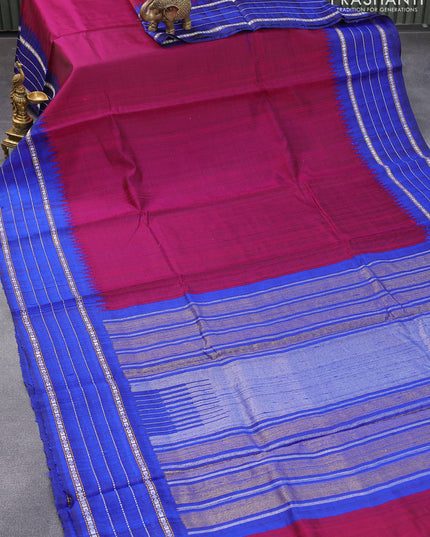 Pure dupion silk saree pink and blue with plain body and temple design vidarbha border