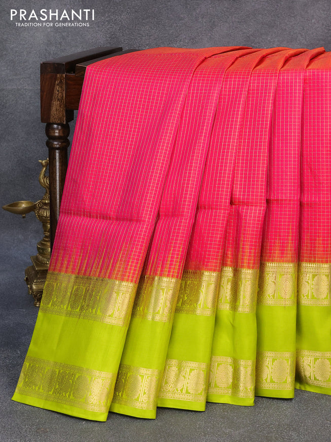 Pure soft silk saree dual shade of pinkish orange and lime green with allover zari checked pattern and rettapet zari woven border