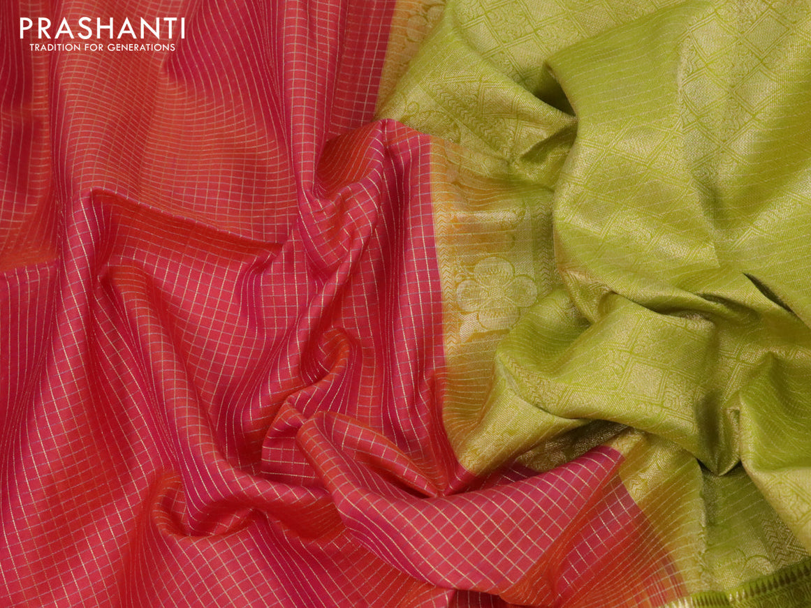Pure soft silk saree dual shade of pinkish orange and lime green with allover zari checked pattern and rettapet zari woven border