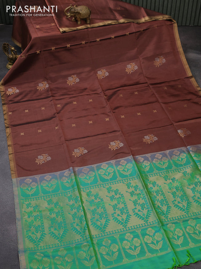 Pure soft silk saree brown and dual shade of teal green with zari woven buttas and zari woven border