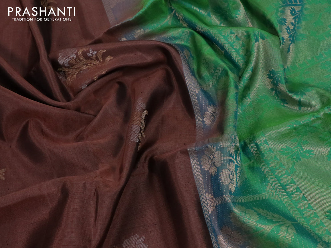 Pure soft silk saree brown and dual shade of teal green with zari woven buttas and zari woven border