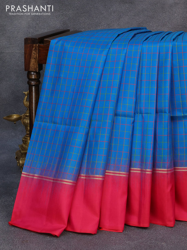 Pure soft silk saree cs blue and pink with allover checked pattern and zari woven simple border