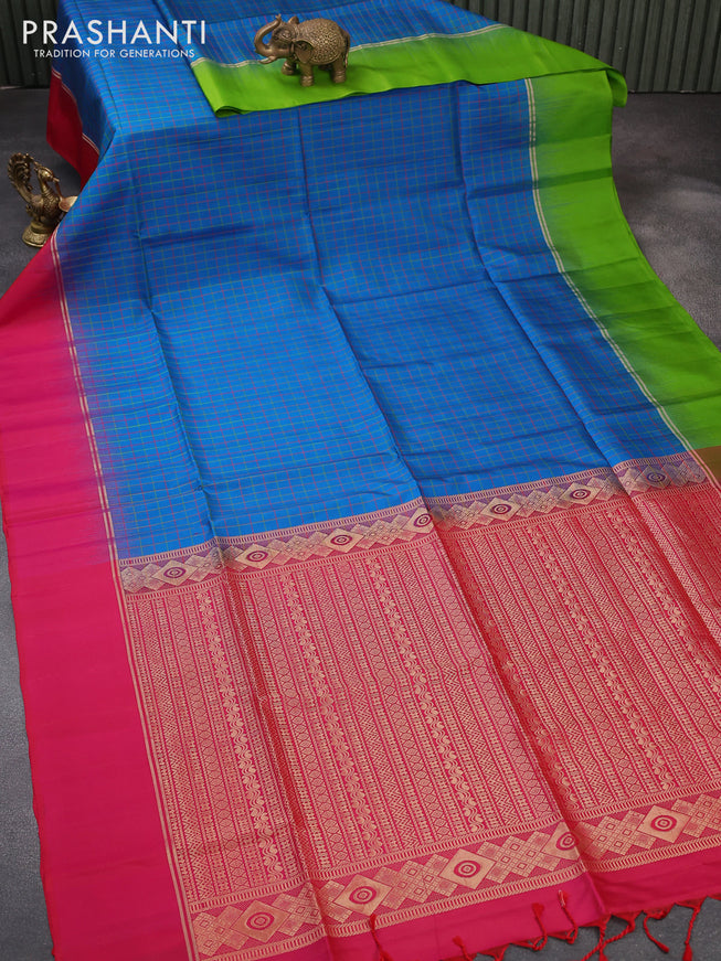 Pure soft silk saree cs blue and pink with allover checked pattern and zari woven simple border