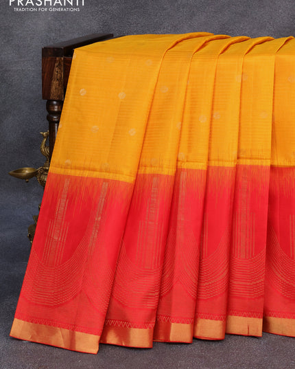 Pure soft silk saree mustard yellow and red with zari woven buttas and ganga jamuna border