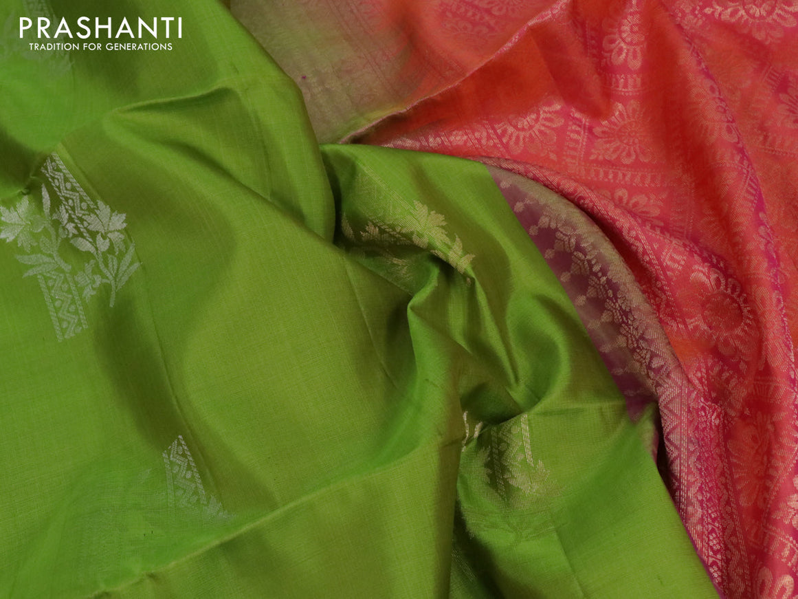 Pure soft silk saree light green and dual shade of pinkish orange with silver & gold zari woven buttas in borderless style