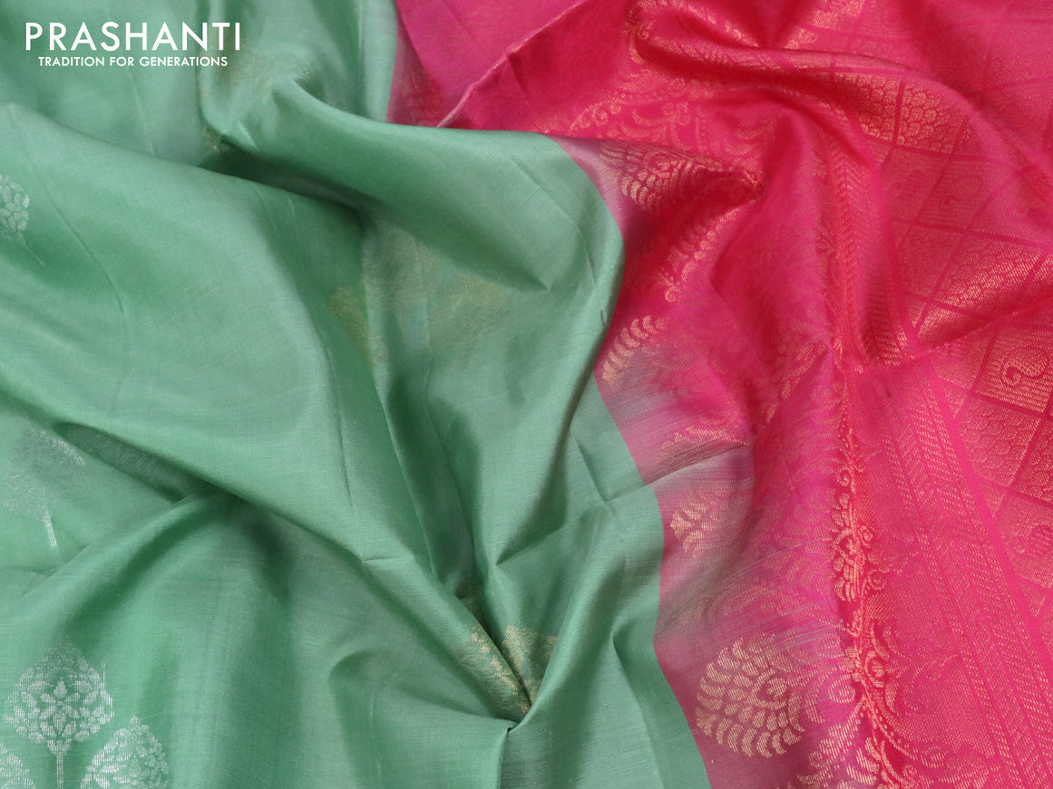 Pure soft silk saree pastel green and pink with silver & gold zari woven buttas in borderless style
