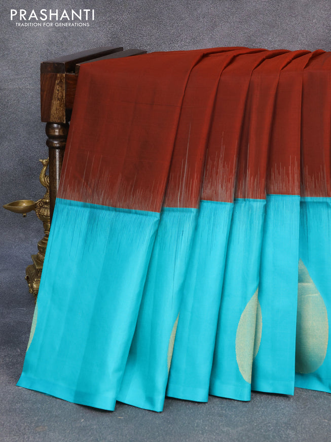 Pure soft silk saree rustic orange and teal blue with plain body and zari woven ganga jamuna border
