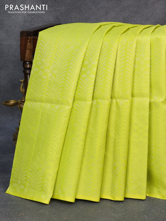 Pure soft silk saree fluorescent green and wine shade with allover silver zari woven brocade weaves in borderless style