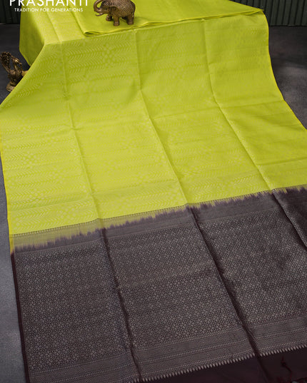Pure soft silk saree fluorescent green and wine shade with allover silver zari woven brocade weaves in borderless style