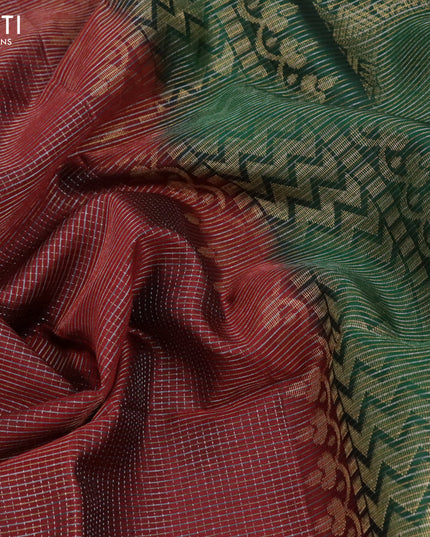 Pure soft silk saree deep maroon and green with allover zari checked pattern and simple border