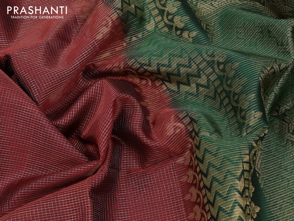 Pure soft silk saree deep maroon and green with allover zari checked pattern and simple border