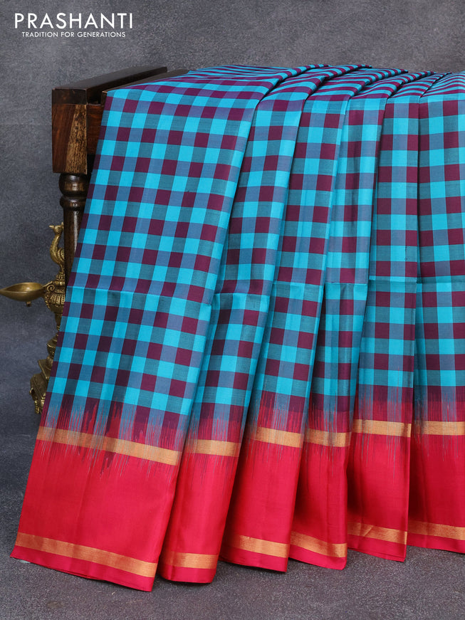 Pure soft silk saree deep purple teal blue and pink with paalum pazhamum checked pattern and rettapet zari woven border
