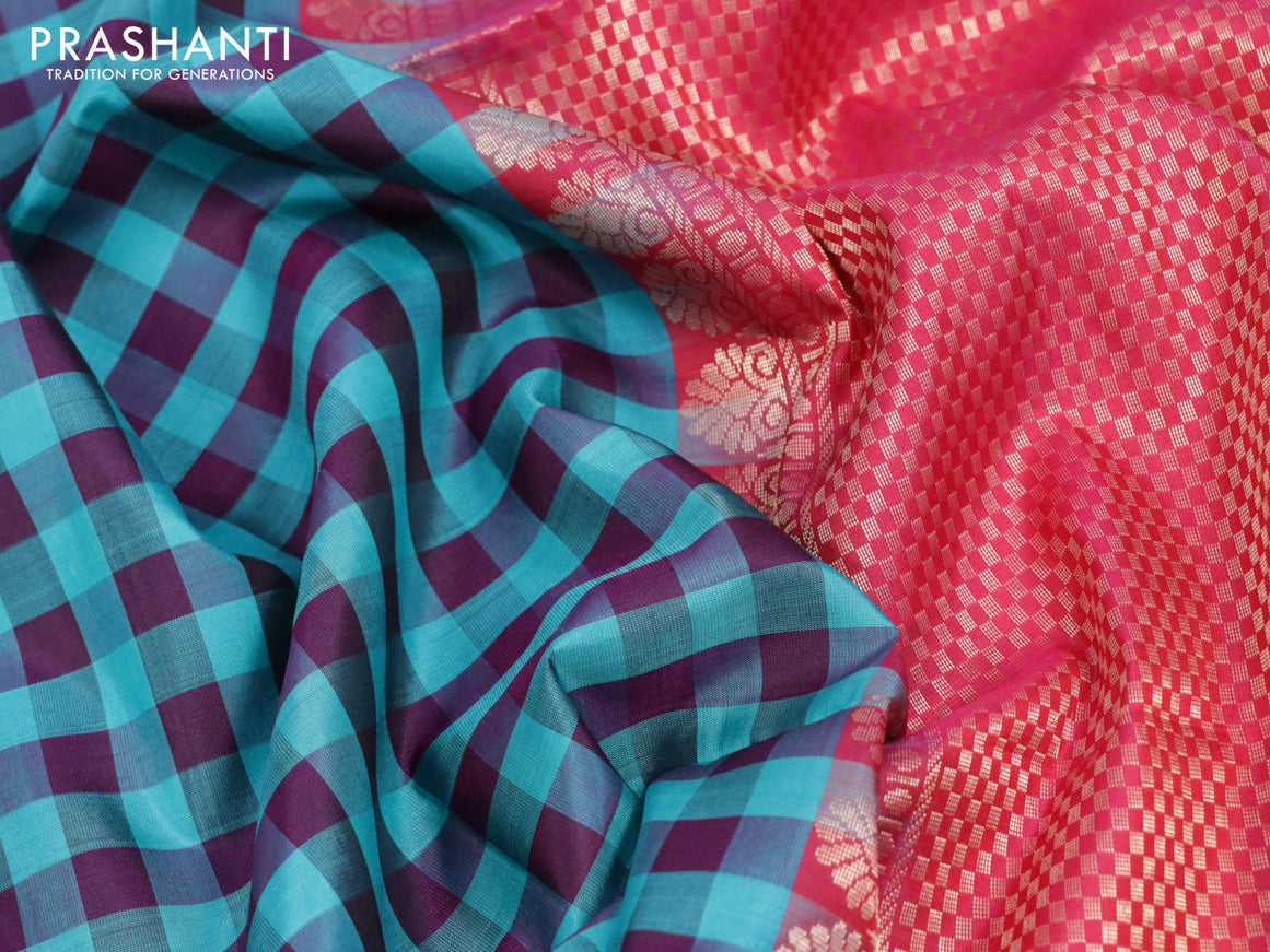 Pure soft silk saree deep purple teal blue and pink with paalum pazhamum checked pattern and rettapet zari woven border