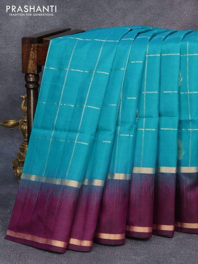 Pure soft silk saree teal blue and wine shade with allover zari checks & paisley buttas and rettapet zari woven border