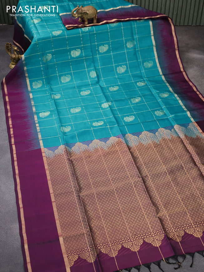 Pure soft silk saree teal blue and wine shade with allover zari checks & paisley buttas and rettapet zari woven border