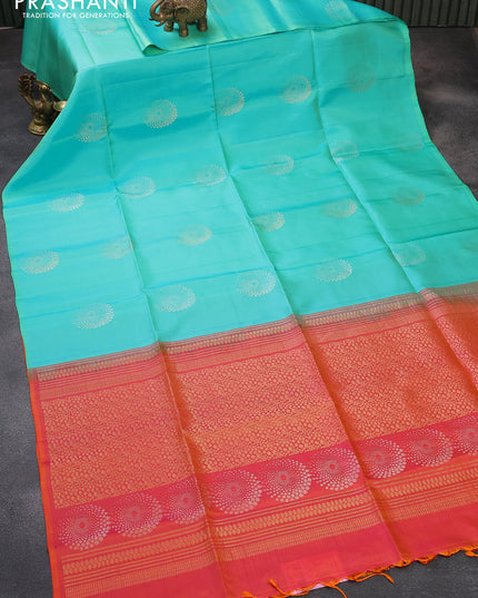 Pure soft silk saree teal blue and dual shade of pinkish orange with zari woven buttas in borderless style