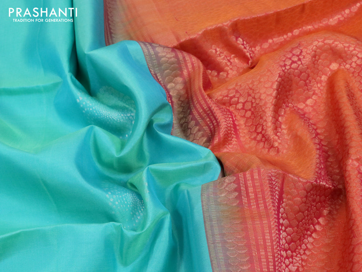 Pure soft silk saree teal blue and dual shade of pinkish orange with zari woven buttas in borderless style