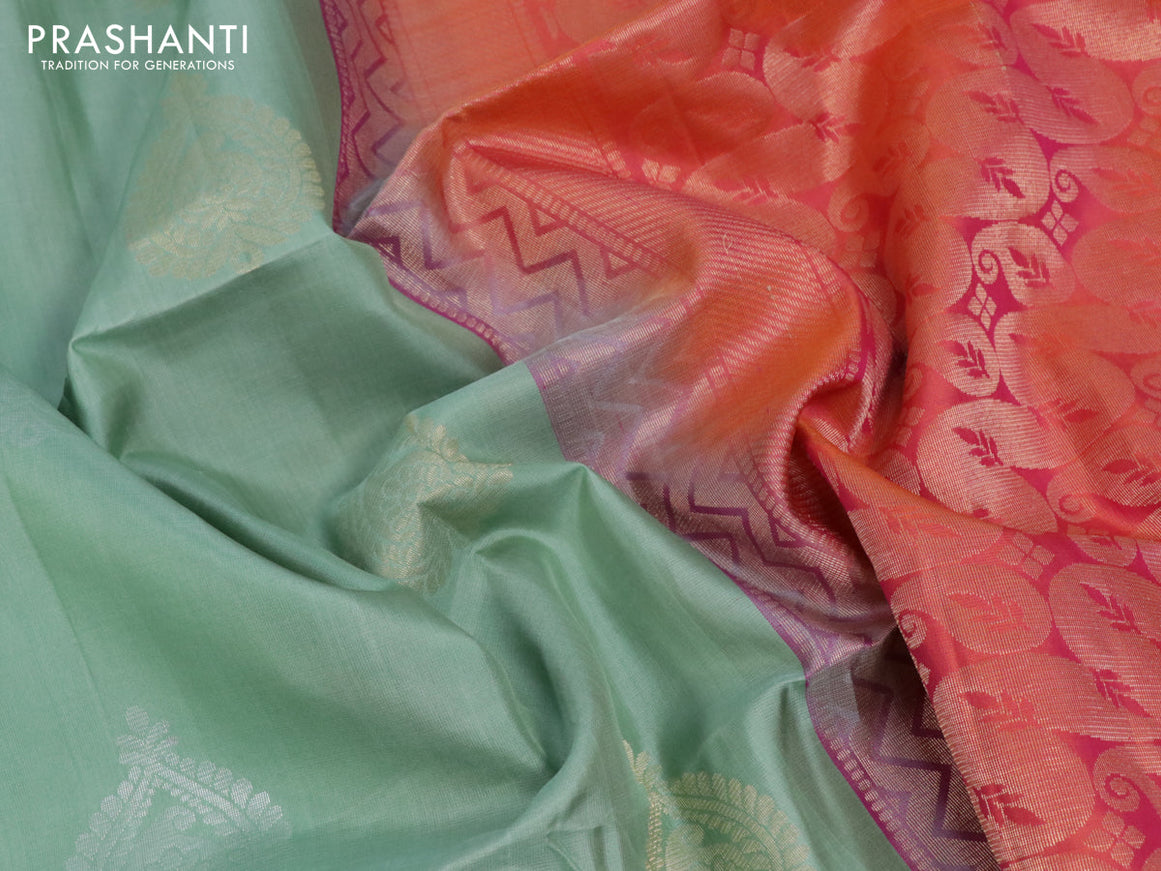Pure soft silk saree pastel green and dual shade of pinkish orange with zari woven buttas in borderless style