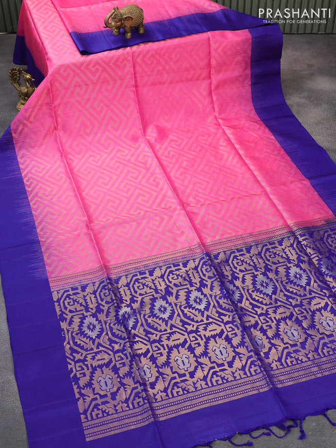 Pure soft silk saree pink and blue with allover zari woven geometric buttas and simple border