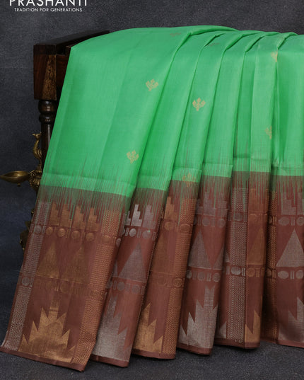 Pure soft silk saree teal green and brown with zari woven buttas and long rich zari woven border